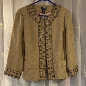 NWT Boston Proper Tan Studded Sequined Pockets Tweed Linen Cotton Blend Blazer